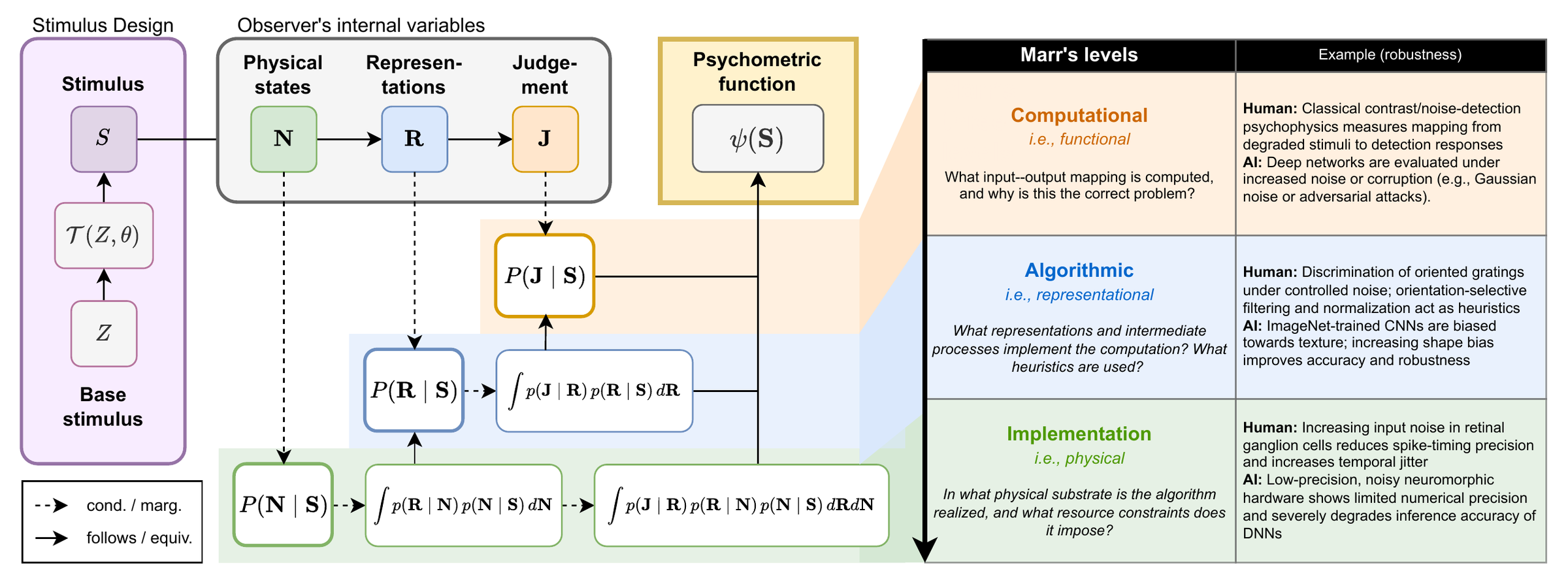 AI psychophysics connects controlled stimulus transformations to response probabilities, separating computational, algorithmic, and implementational explanations.
